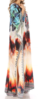 Sakkas Anahi Flowy Design V Neck Long Caftan Dress / Cover Up With Rhinestone