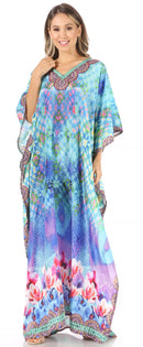 Sakkas Anahi Flowy Design V Neck Long Caftan Dress / Cover Up With Rhinestone