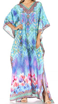 Sakkas Anahi Flowy Design V Neck Long Caftan Dress / Cover Up With Rhinestone#color_WT39-Turquoise