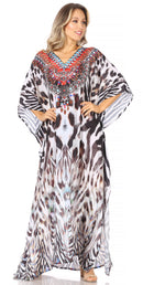 Sakkas Anahi Flowy Design V Neck Long Caftan Dress / Cover Up With Rhinestone