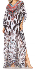 Sakkas Anahi Flowy Design V Neck Long Caftan Dress / Cover Up With Rhinestone#color_ZW11-White