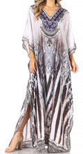 Sakkas Anahi Flowy Design V Neck Long Caftan Dress / Cover Up With Rhinestone#color_ZW129-White