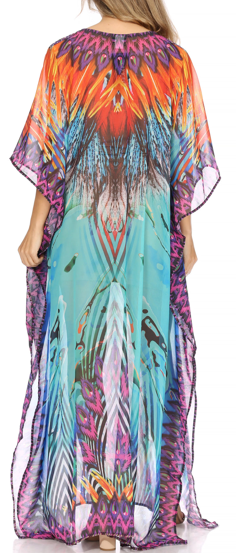 Sakkas Wilder  Printed Design Long Sheer Rhinestone Caftan Dress / Cover Up