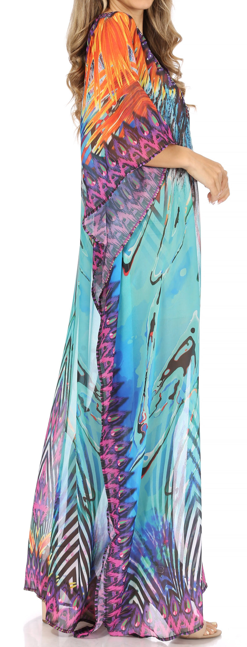 Sakkas Wilder  Printed Design Long Sheer Rhinestone Caftan Dress / Cover Up