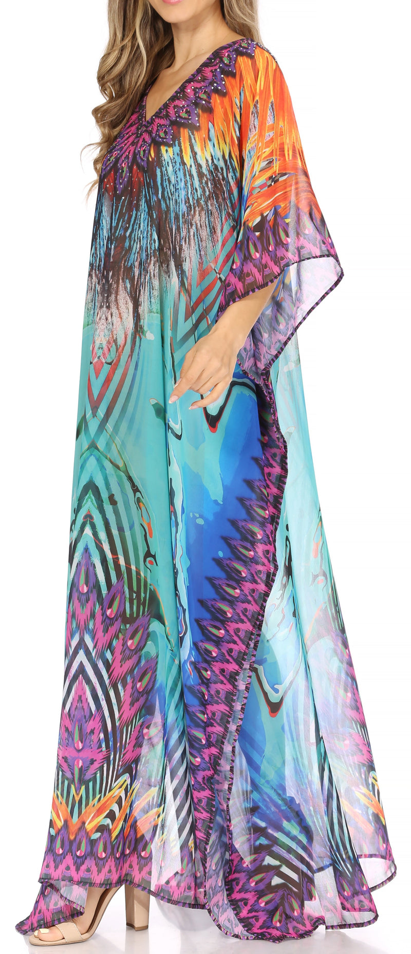 Sakkas Wilder  Printed Design Long Sheer Rhinestone Caftan Dress / Cover Up