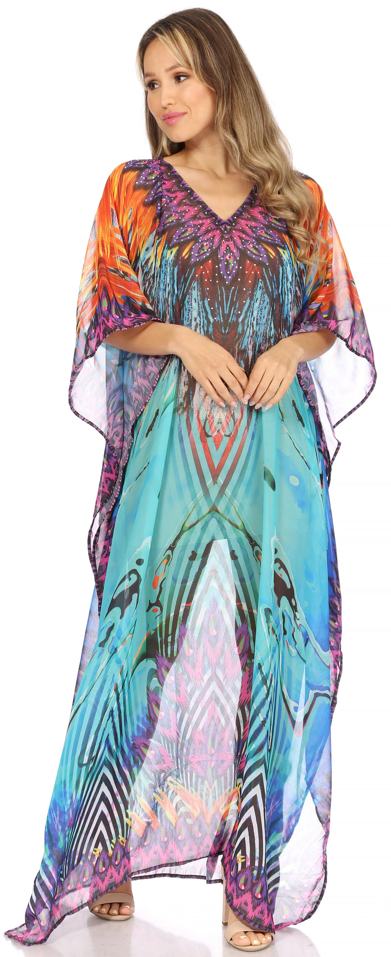 Sakkas Wilder Printed Design Long Sheer Rhinestone Caftan Dress Cove
