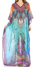 Sakkas Wilder  Printed Design Long Sheer Rhinestone Caftan Dress / Cover Up#color_Turquoise/Orange