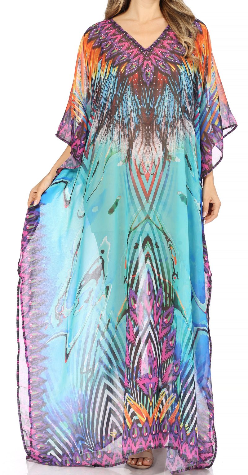 Sakkas Wilder  Printed Design Long Sheer Rhinestone Caftan Dress / Cover Up