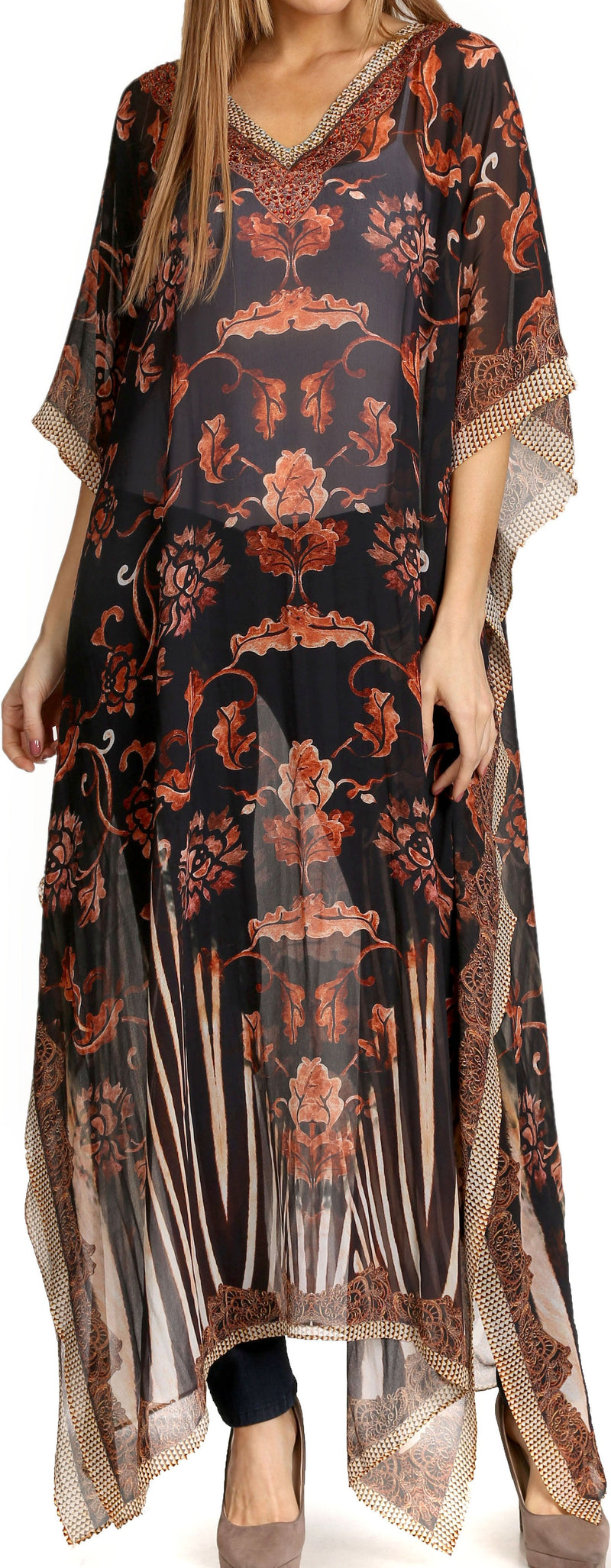 Sakkas Wilder  Printed Design Long Sheer Rhinestone Caftan Dress / Cover Up