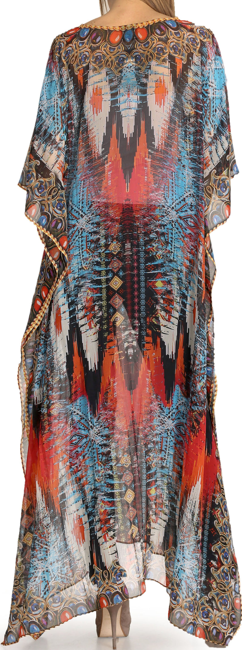 Sakkas Wilder  Printed Design Long Sheer Rhinestone Caftan Dress / Cover Up