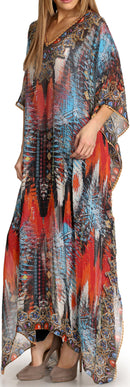 Sakkas Wilder  Printed Design Long Sheer Rhinestone Caftan Dress / Cover Up