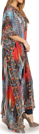 Sakkas Wilder  Printed Design Long Sheer Rhinestone Caftan Dress / Cover Up