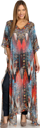 Sakkas Wilder  Printed Design Long Sheer Rhinestone Caftan Dress / Cover Up
