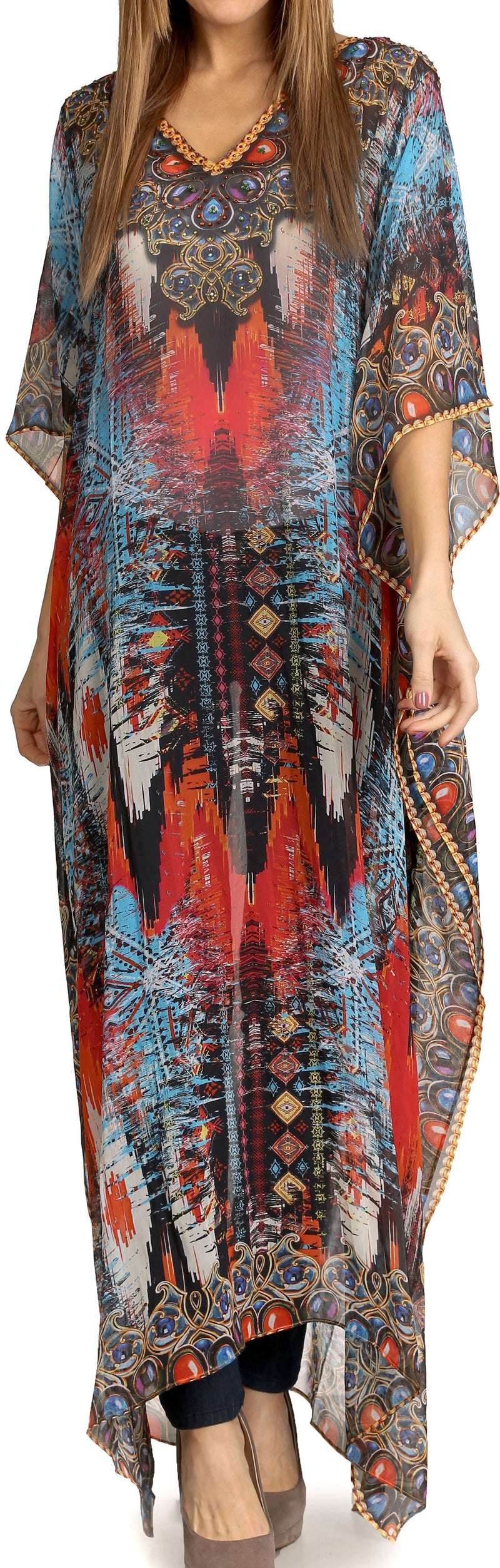 Sakkas Wilder  Printed Design Long Sheer Rhinestone Caftan Dress / Cover Up