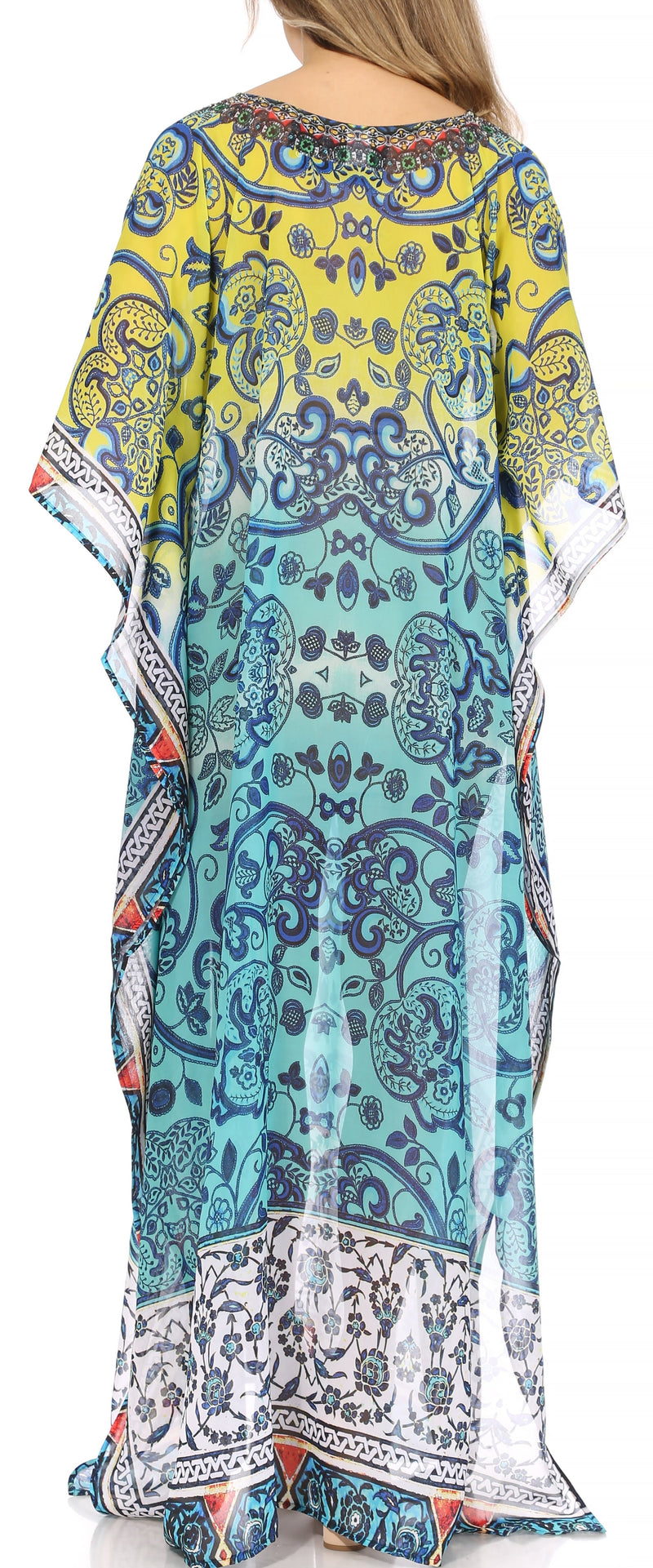 Sakkas Wilder  Printed Design Long Sheer Rhinestone Caftan Dress / Cover Up