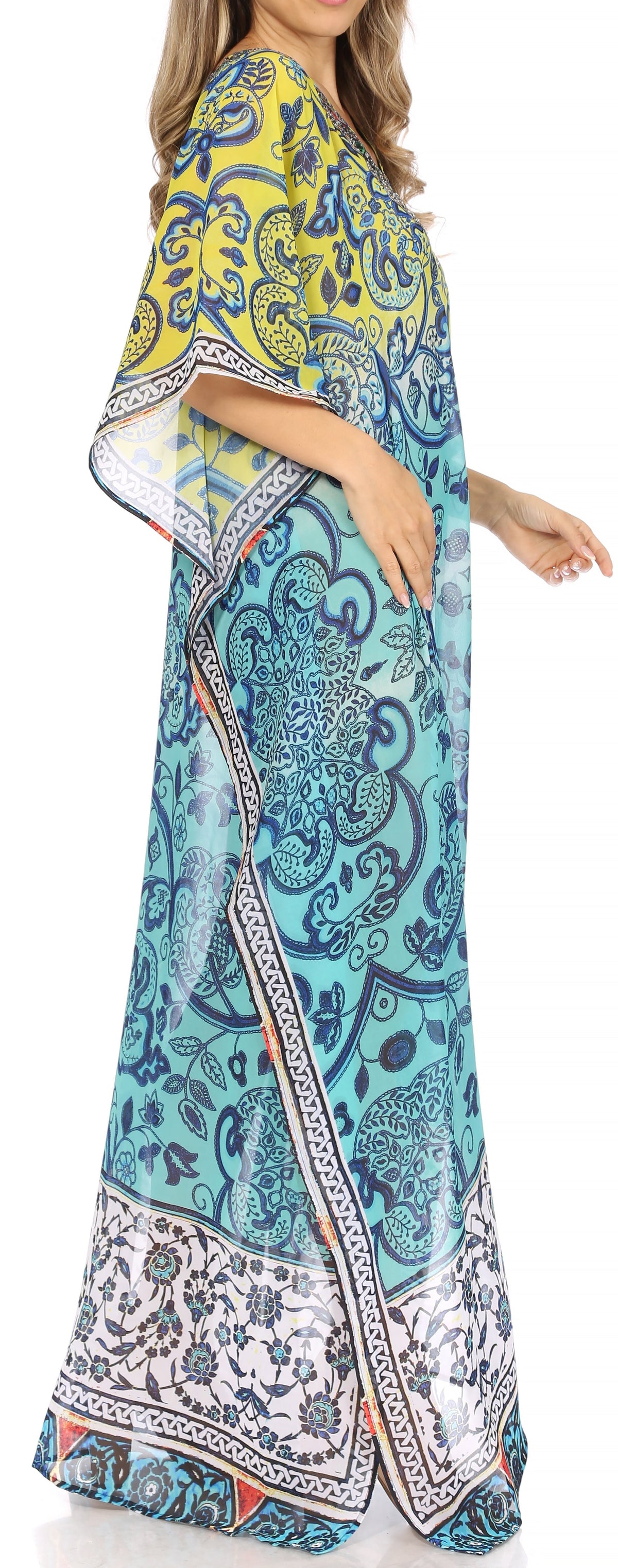 Sakkas Wilder Printed Design Long Sheer Rhinestone Caftan Dress Cove