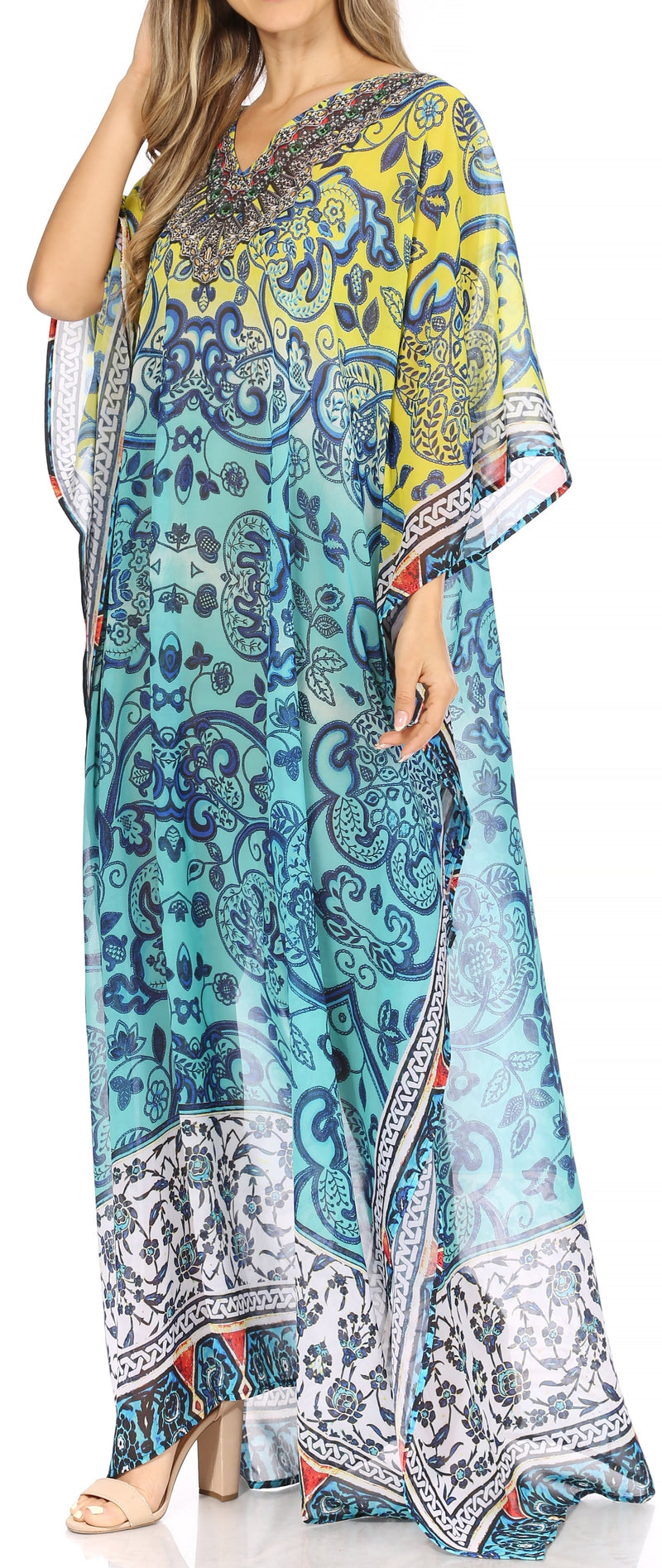 Sakkas Wilder  Printed Design Long Sheer Rhinestone Caftan Dress / Cover Up