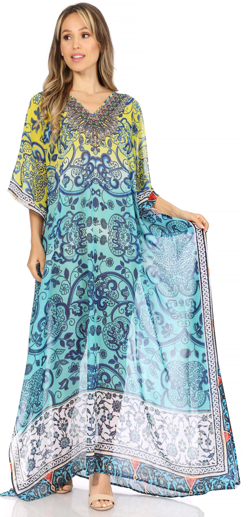 Sakkas Wilder  Printed Design Long Sheer Rhinestone Caftan Dress / Cover Up