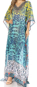 Sakkas Wilder  Printed Design Long Sheer Rhinestone Caftan Dress / Cover Up#color_Turquoise/Yellow