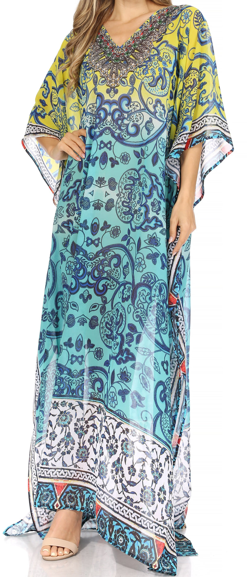 Sakkas Wilder  Printed Design Long Sheer Rhinestone Caftan Dress / Cover Up