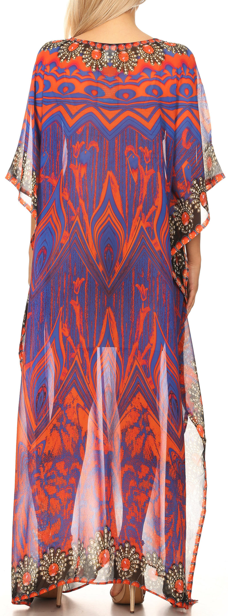 Sakkas Wilder  Printed Design Long Sheer Rhinestone Caftan Dress / Cover Up