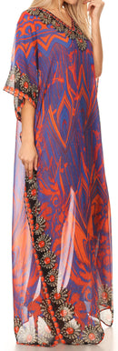 Sakkas Wilder  Printed Design Long Sheer Rhinestone Caftan Dress / Cover Up