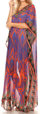 Sakkas Wilder  Printed Design Long Sheer Rhinestone Caftan Dress / Cover Up