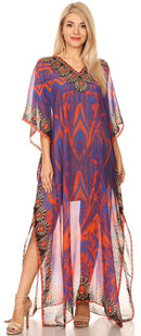 Sakkas Wilder  Printed Design Long Sheer Rhinestone Caftan Dress / Cover Up