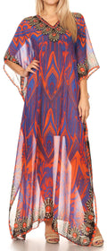 Sakkas Wilder  Printed Design Long Sheer Rhinestone Caftan Dress / Cover Up#color_17139-PurpleOrange