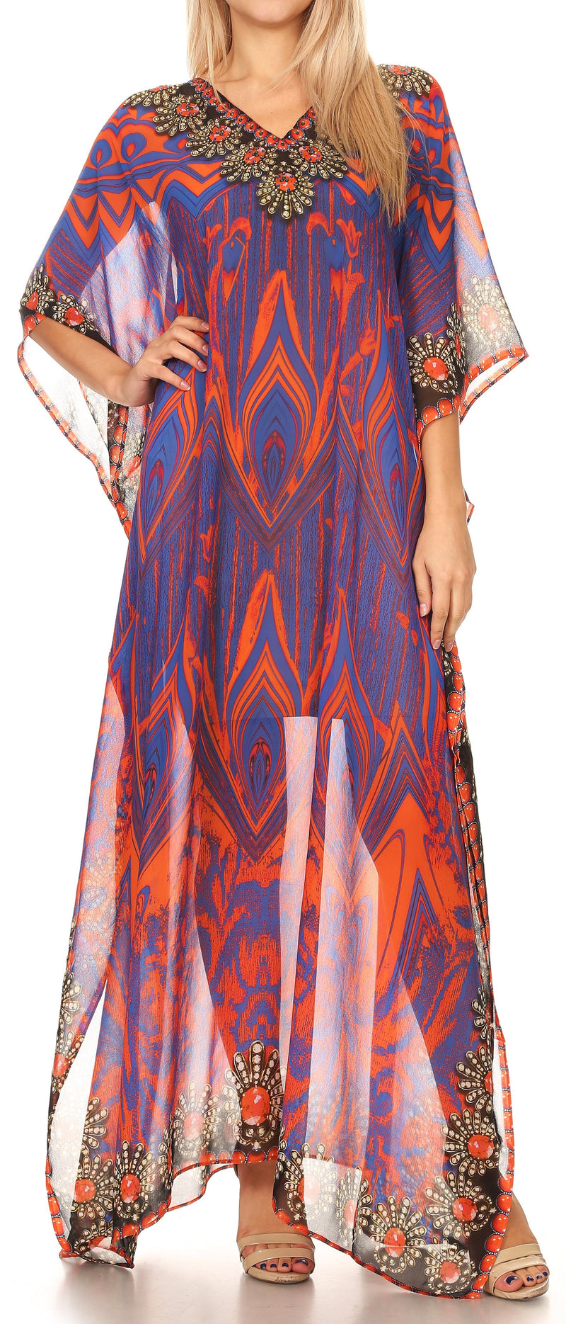 Sakkas Wilder  Printed Design Long Sheer Rhinestone Caftan Dress / Cover Up