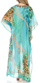 Sakkas Wilder  Printed Design Long Sheer Rhinestone Caftan Dress / Cover Up