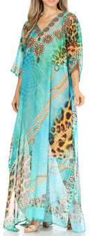 Sakkas Wilder  Printed Design Long Sheer Rhinestone Caftan Dress / Cover Up