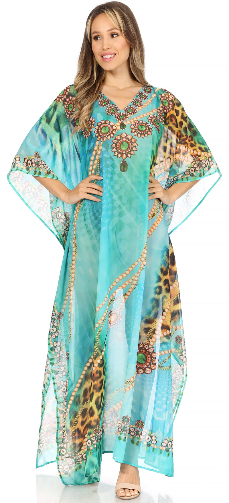 Sakkas Wilder  Printed Design Long Sheer Rhinestone Caftan Dress / Cover Up