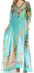 Sakkas Wilder  Printed Design Long Sheer Rhinestone Caftan Dress / Cover Up#color_17140-TurquoiseOrange