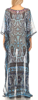 Sakkas Wilder  Printed Design Long Sheer Rhinestone Caftan Dress / Cover Up