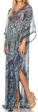Sakkas Wilder  Printed Design Long Sheer Rhinestone Caftan Dress / Cover Up