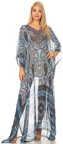 Sakkas Wilder  Printed Design Long Sheer Rhinestone Caftan Dress / Cover Up