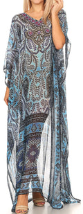 Sakkas Wilder  Printed Design Long Sheer Rhinestone Caftan Dress / Cover Up#color_17141-NavyBlue