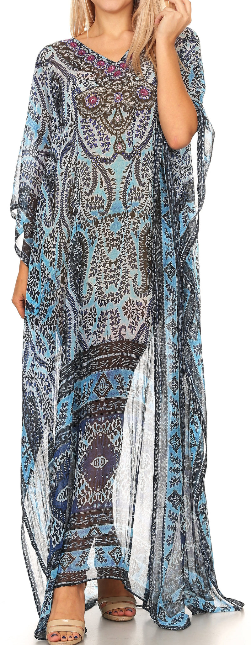 Sakkas Wilder  Printed Design Long Sheer Rhinestone Caftan Dress / Cover Up