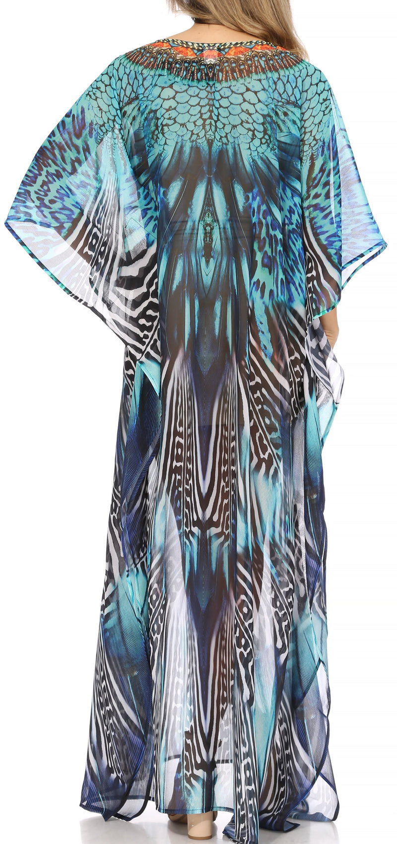 Sakkas Wilder  Printed Design Long Sheer Rhinestone Caftan Dress / Cover Up