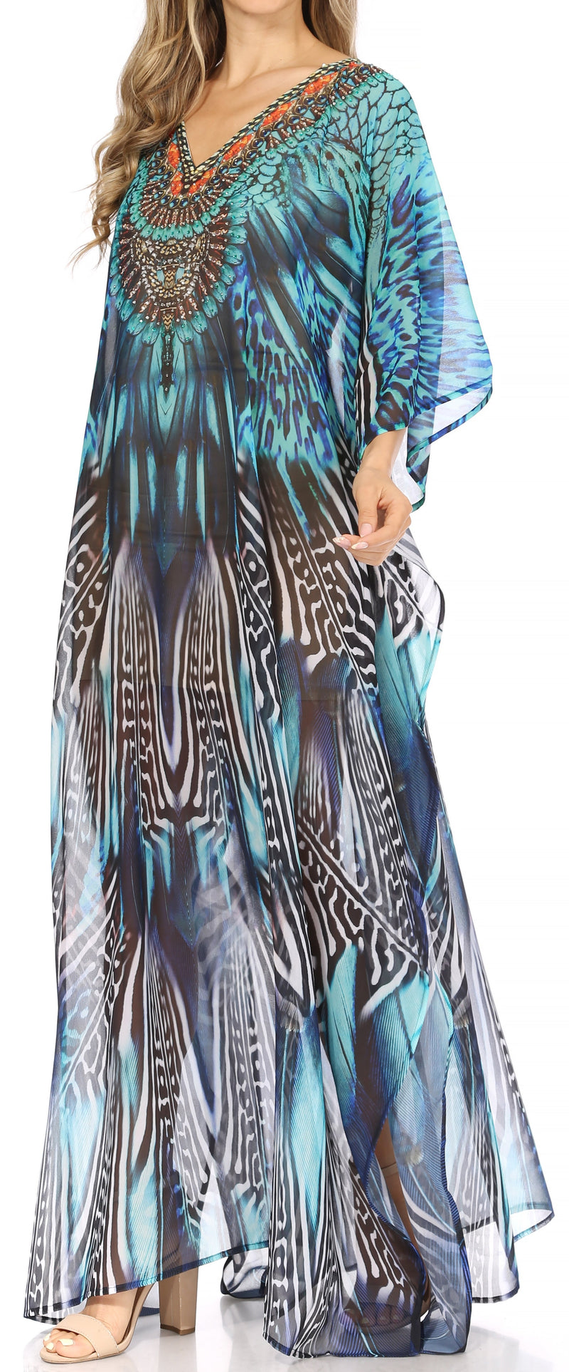 Sakkas Wilder  Printed Design Long Sheer Rhinestone Caftan Dress / Cover Up