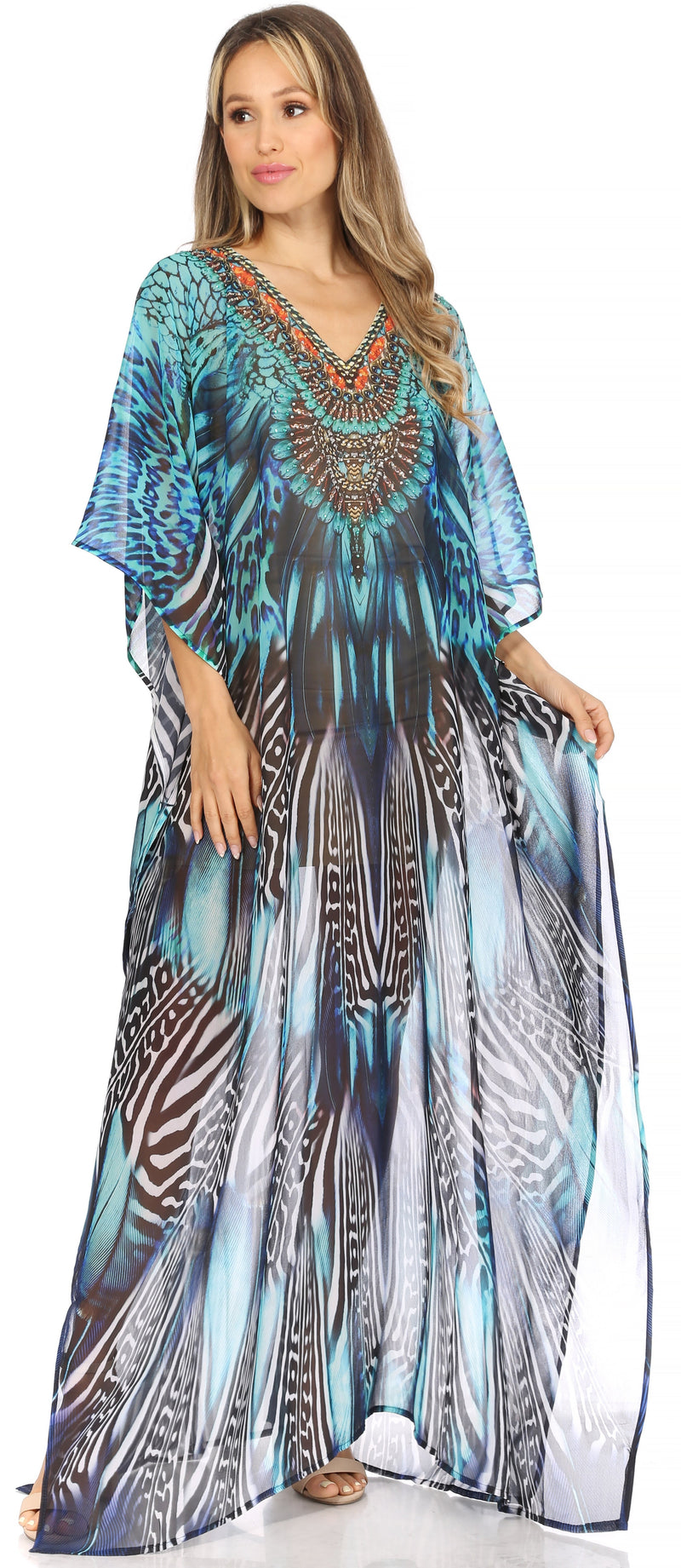 Sakkas Wilder  Printed Design Long Sheer Rhinestone Caftan Dress / Cover Up