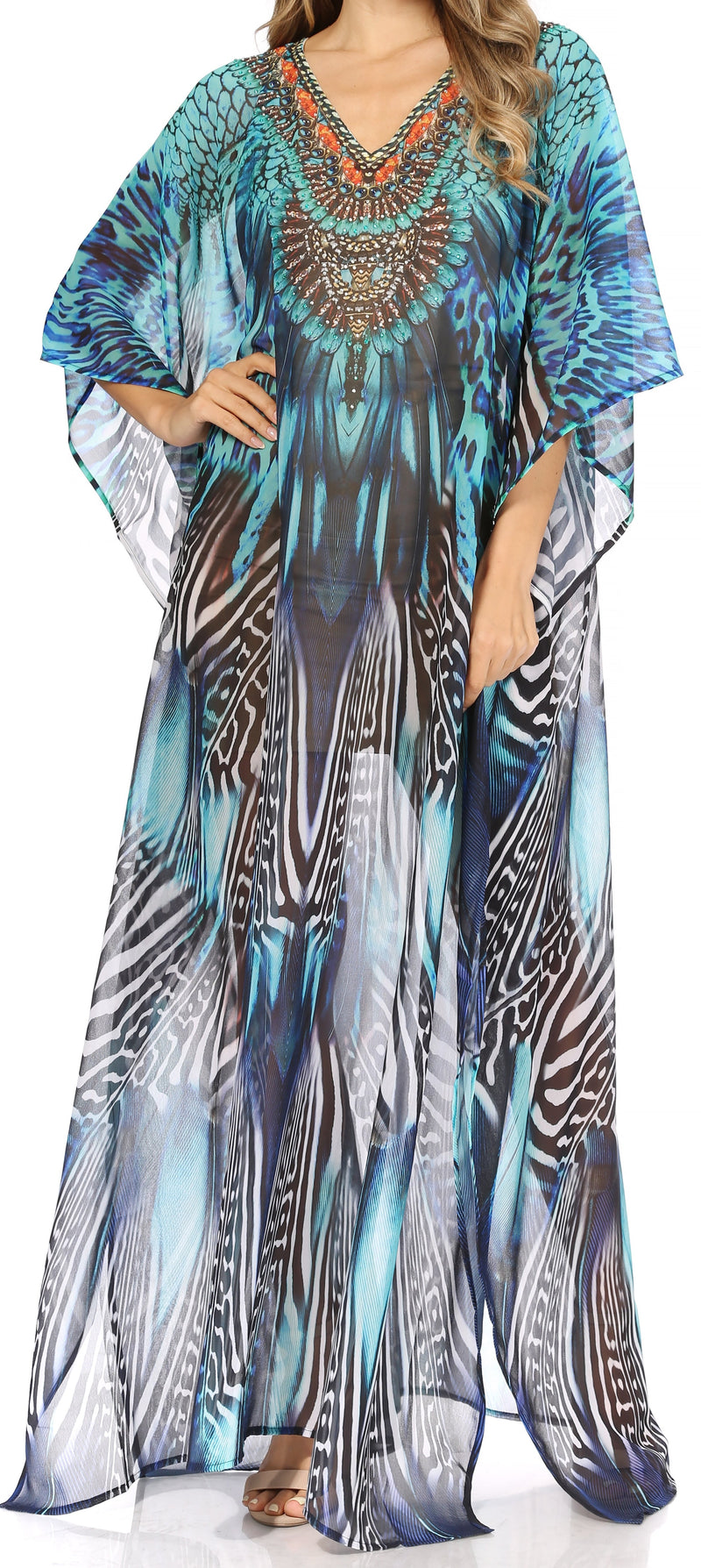 Sakkas Wilder Printed Design Long Sheer Rhinestone Caftan Dress Cove