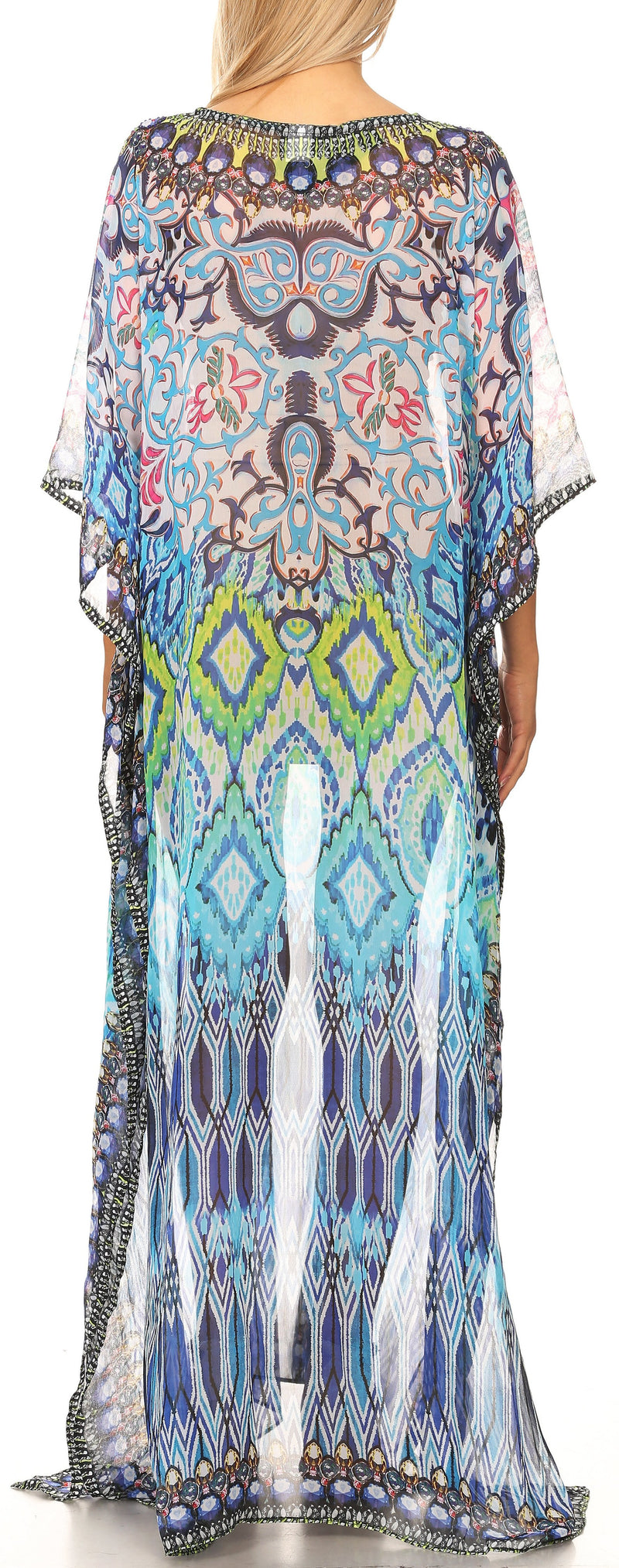 Sakkas Wilder  Printed Design Long Sheer Rhinestone Caftan Dress / Cover Up