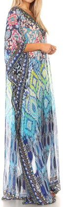 Sakkas Wilder  Printed Design Long Sheer Rhinestone Caftan Dress / Cover Up