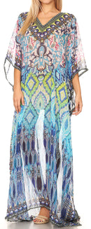 Sakkas Wilder  Printed Design Long Sheer Rhinestone Caftan Dress / Cover Up