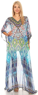 Sakkas Wilder  Printed Design Long Sheer Rhinestone Caftan Dress / Cover Up