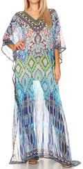 Sakkas Wilder  Printed Design Long Sheer Rhinestone Caftan Dress / Cover Up#color_17143-BlackTurquoise