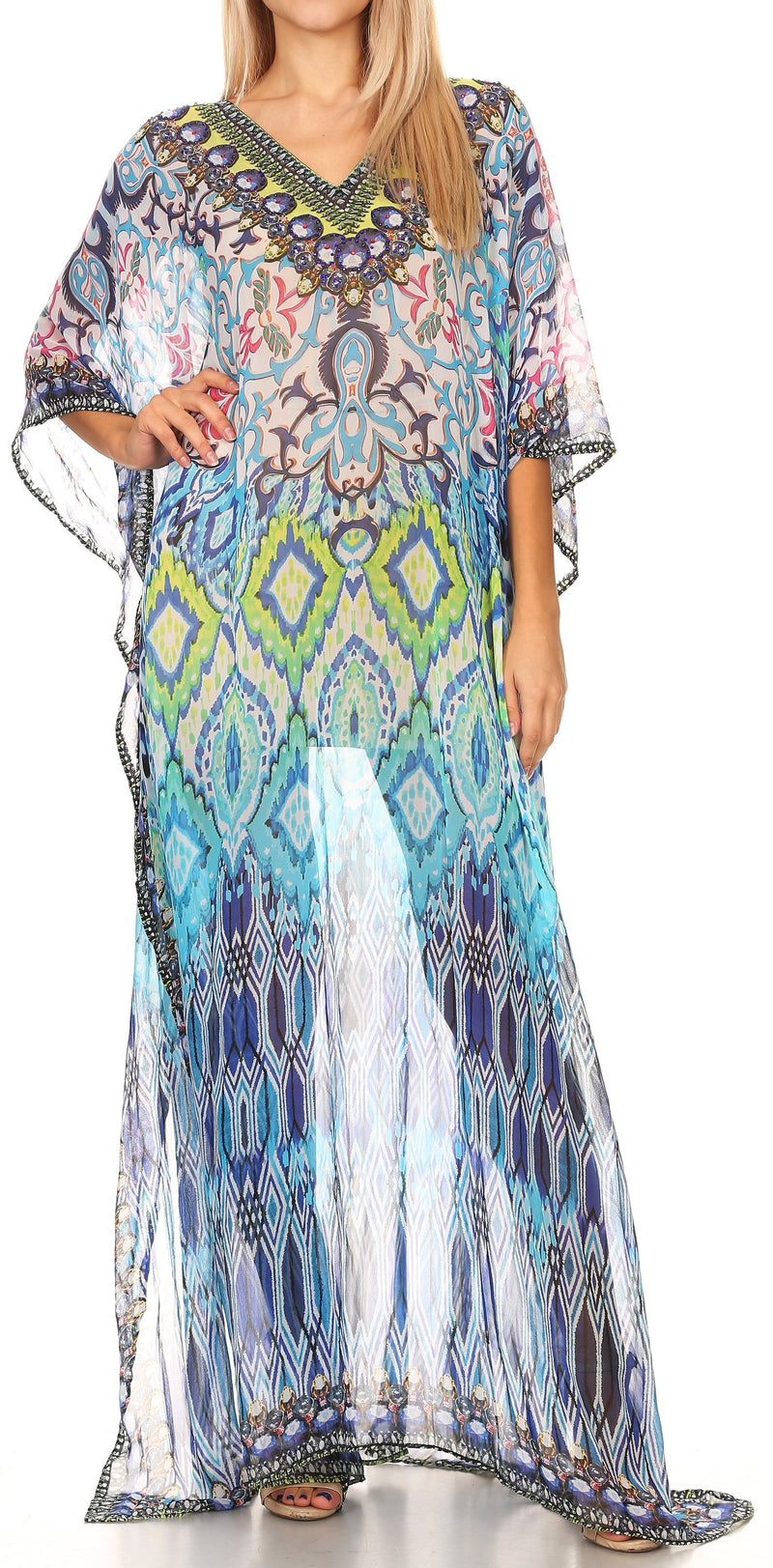 Sakkas Wilder  Printed Design Long Sheer Rhinestone Caftan Dress / Cover Up