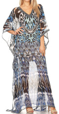 Sakkas Wilder  Printed Design Long Sheer Rhinestone Caftan Dress / Cover Up#color_17144-BlackWhiteTuq